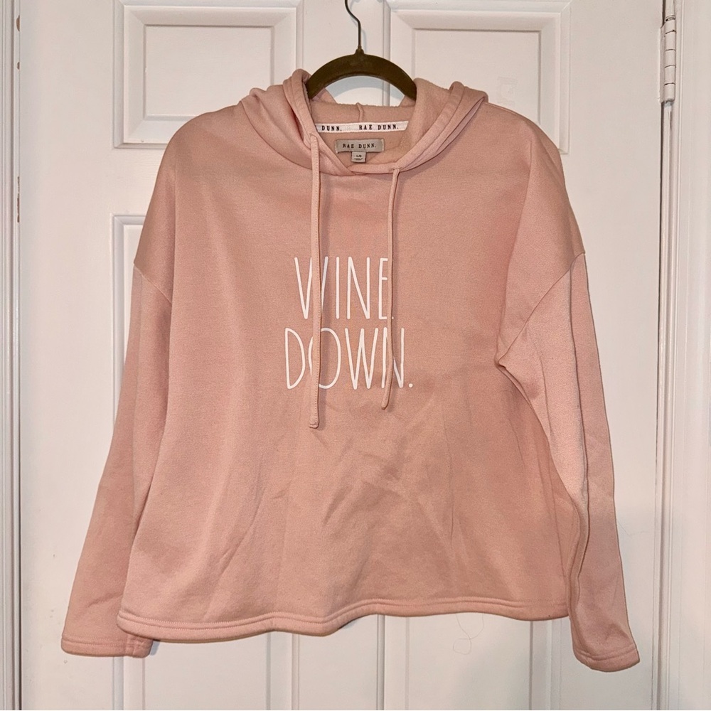 Rae Dunn "Wine Down" Pullover drawstring Hoodie soft  pink white lettering L